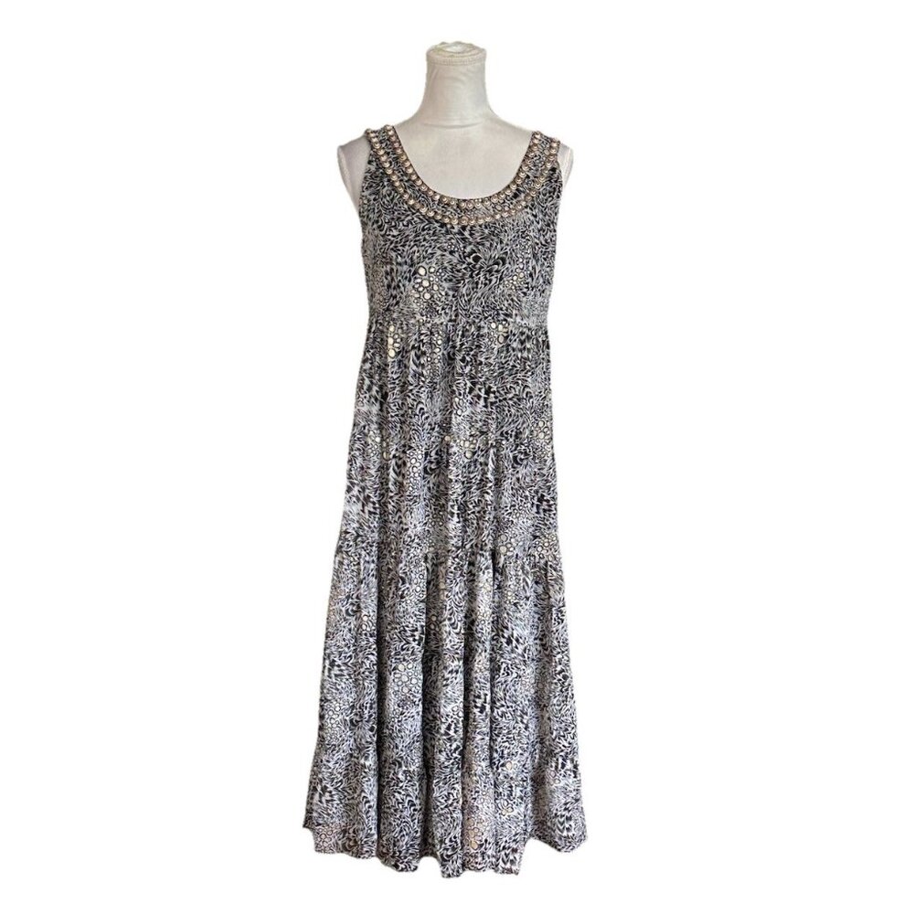 Soft Surroundings Maxi Dress Womens Small Animal Print Black A-Line Tiered Boho